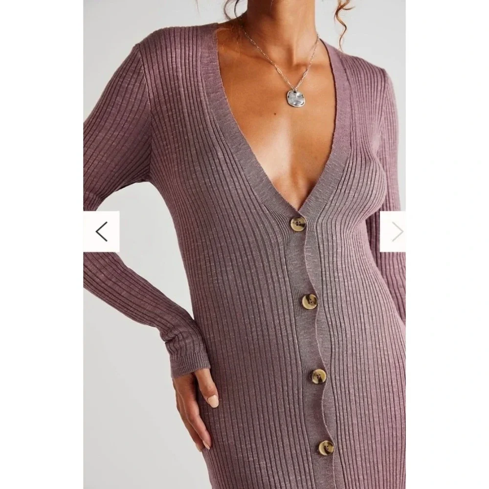 Free People Date Night Ribbed Sweater Dress Small Button Front Midi Mauve